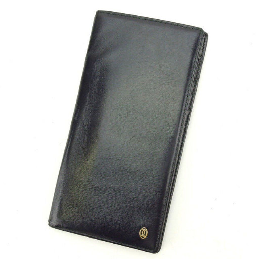 Cartier Wallet Purse Long Wallet Black Gold Mens Authentic Used Y6384
